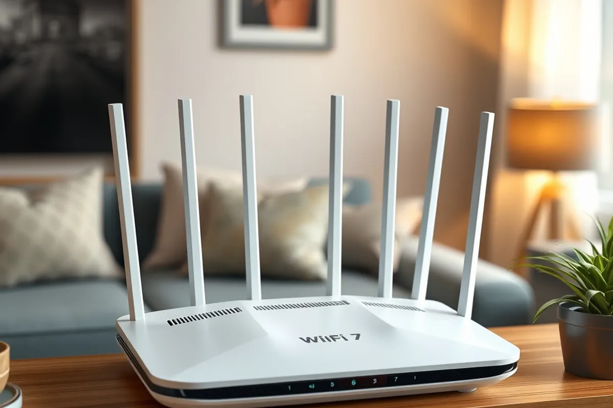 A speed test running on a laptop next to a Wi-Fi router