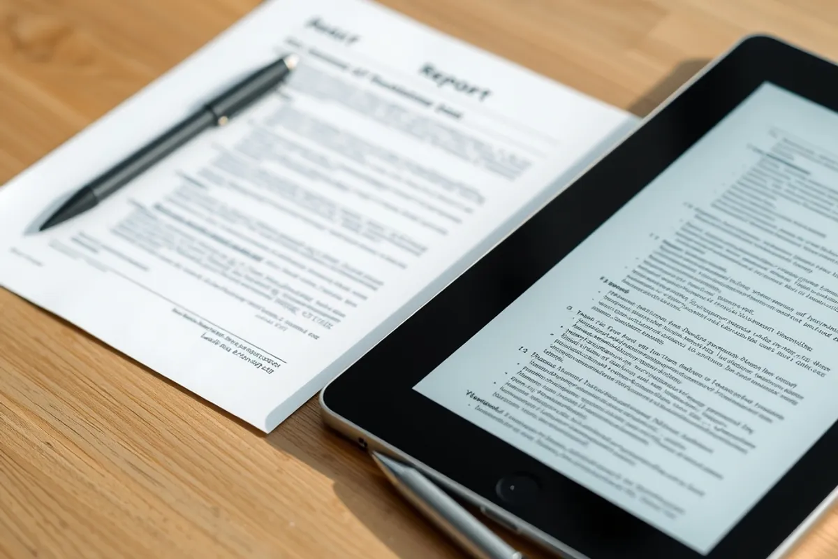 A tablet showing a document summary beside a printed report
