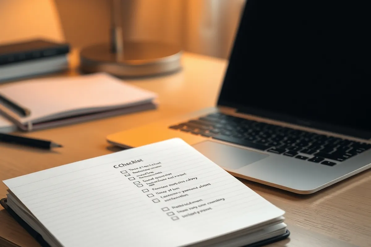 A notebook with a handwritten checklist beside a laptop