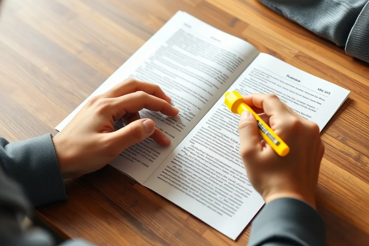 A person reading a printed article with a highlighter