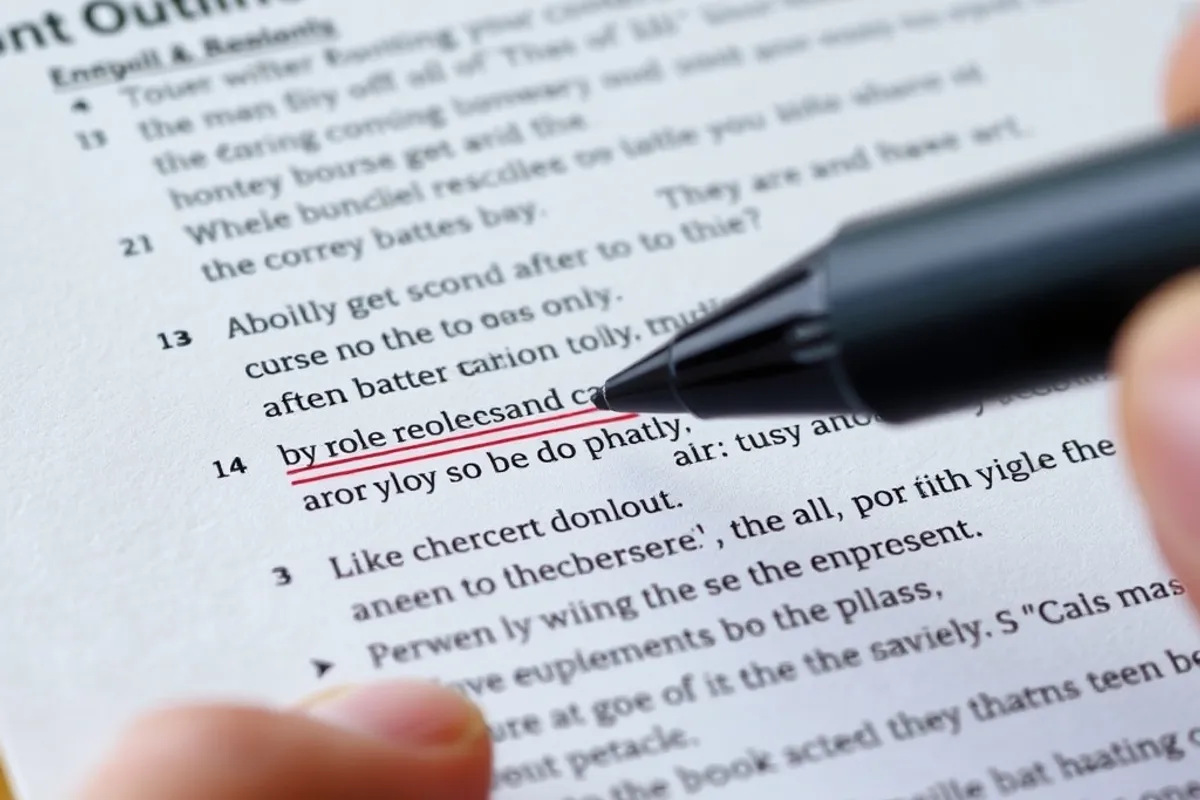 A printed content brief on a desk beside a notebook and pen